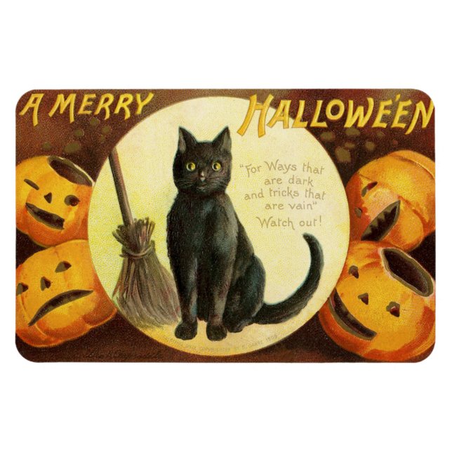 Imán Una merry Hallowe'en Black Cat Pumpkins Vintage (Horizontal)