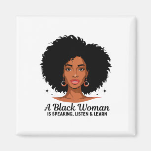 Imán Una mujer negra está hablando Escucha y aprende pa