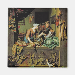 Imán Una mujer y un vendedor ambulante de los pescados,