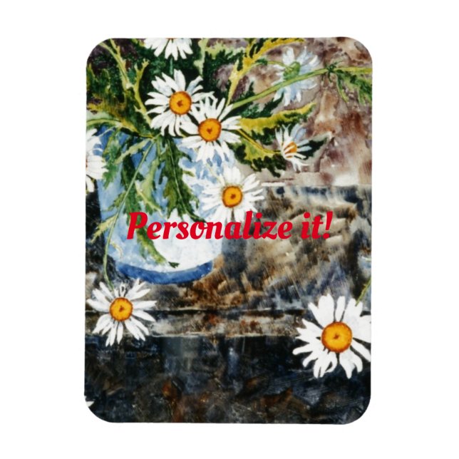 Imán Una olla blanca y azul de margaritas en una estant (Vertical)