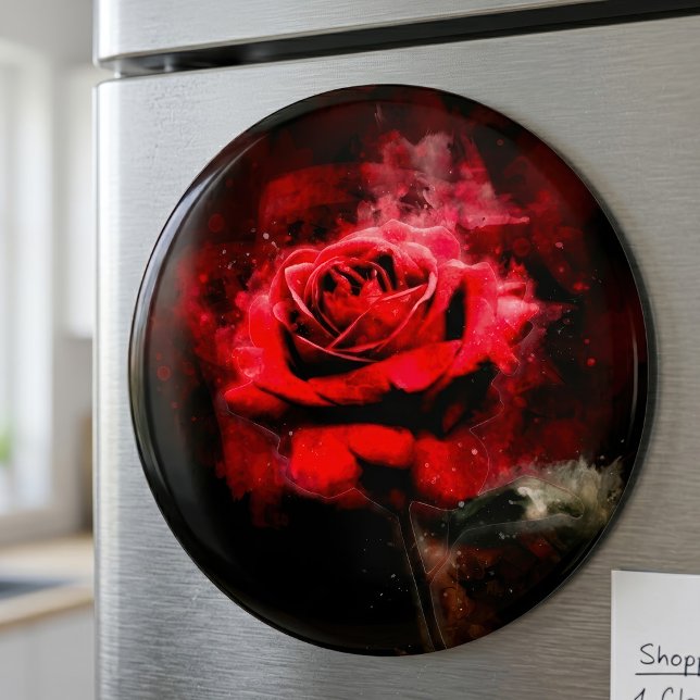 Imán Una Rosa Roja Acuarela sobre Fondo Negro (One Red Rose Watercolor on Black Background. Magnet)