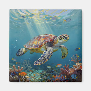 Imán Una Tortuga Marina y Rayos de Sol en el Azul Oceán