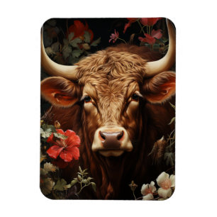 Imán Una vaca marrón en las flores