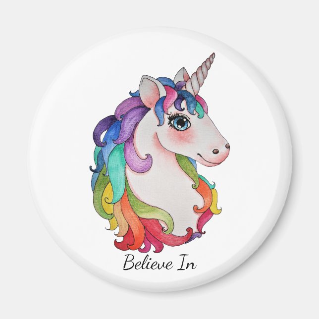 Imán Unicornio acuarela con pelo de arco iris (Frente)