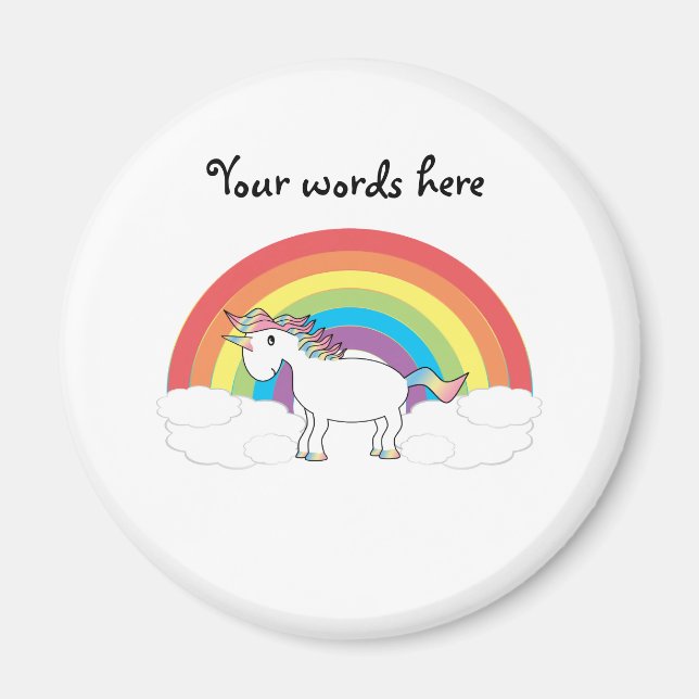 Imán Unicornio blanco sobre arcoiris y nubes (Frente)