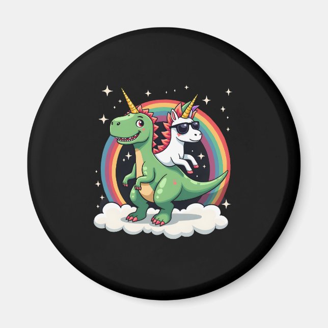 Imán Unicornio de Arcoíris montando T rex - Dinosaurio  (Frente)