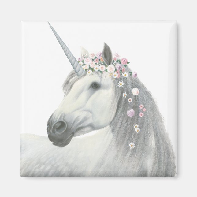 Imán Unicornio espiritual con flores en Mane (Frente)