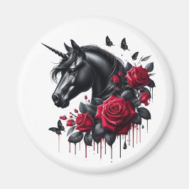 Imán Unicornio negro rodeado de rosas rojas vibrantes
