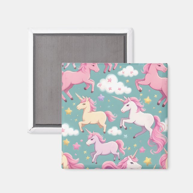 Imán Unicornios con patrones de nubes y estrellas (Anverso/Reverso)