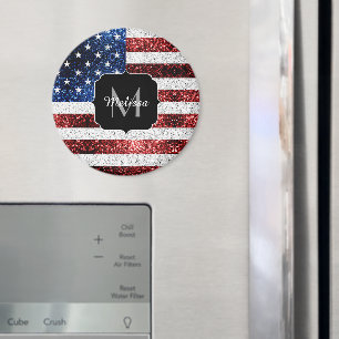 Imán USA flag red white blue sparkles glitters Monogram