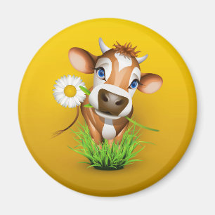 Imán vaca de Jersey en el césped sobre amarillo