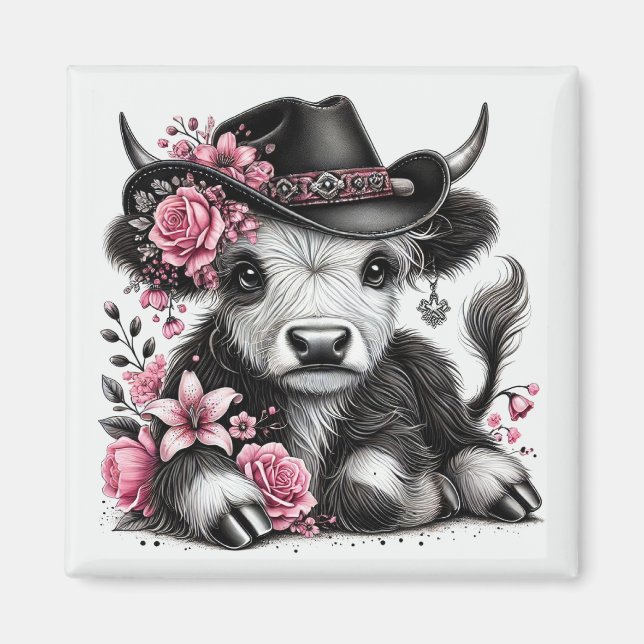 Imán Vaca de las Tierras Altas con Sombrero Floral (Frente)