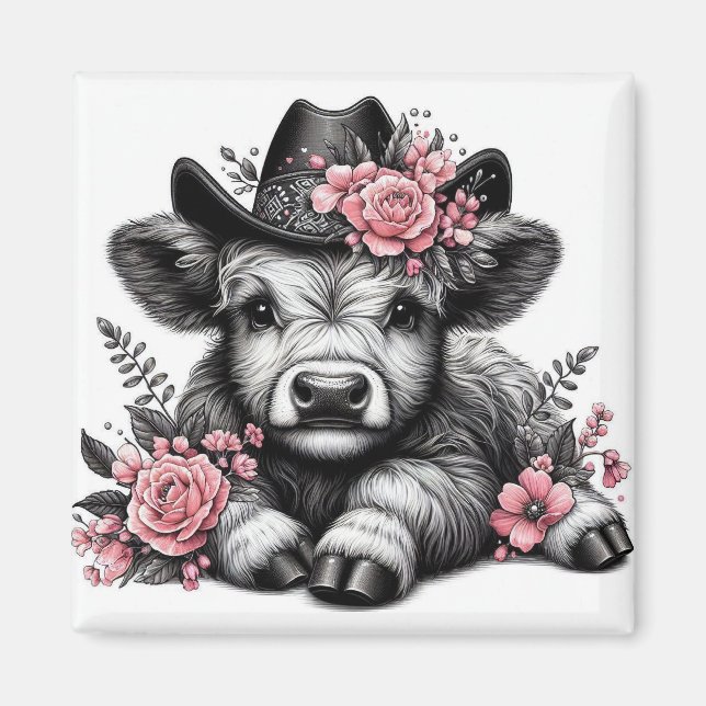 Imán Vaca de las Tierras Altas con Sombrero y Decoració (Frente)