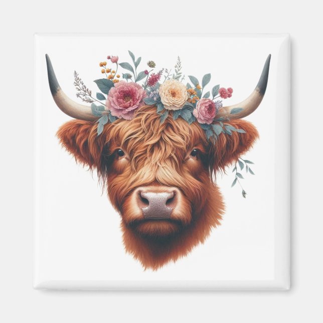 Imán Vaca de tierras altas, con flores y primavera (Frente)