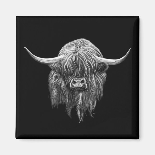 Imán Vaca Escocesa De Tierras Altas En Blanco Y Negro (Frente)