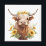 Imán Vaca Highland con la flor amarilla<br><div class="desc">bonito linda vaca de tierras altas, corona de flores de girasol amarilla, girasoles en la cabeza de cuernos, flores y cuernos de toro, ilustracion de pintura artística acuarela, hermoso rancho de ganado escocés, campo de prado natural silvestre, ambiente de primavera de granja de verano, agricultor de vaqueros, adorable dulce brillante...</div>