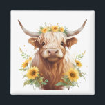 Imán Vaca Highland con la flor amarilla<br><div class="desc">bonito linda vaca de tierras altas, corona de flores de girasol amarilla, girasoles en la cabeza de cuernos, flores y cuernos de toro, ilustracion de pintura artística acuarela, hermoso rancho de ganado escocés, campo de prado natural silvestre, ambiente de primavera de granja de verano, agricultor de vaqueros, adorable dulce brillante...</div>