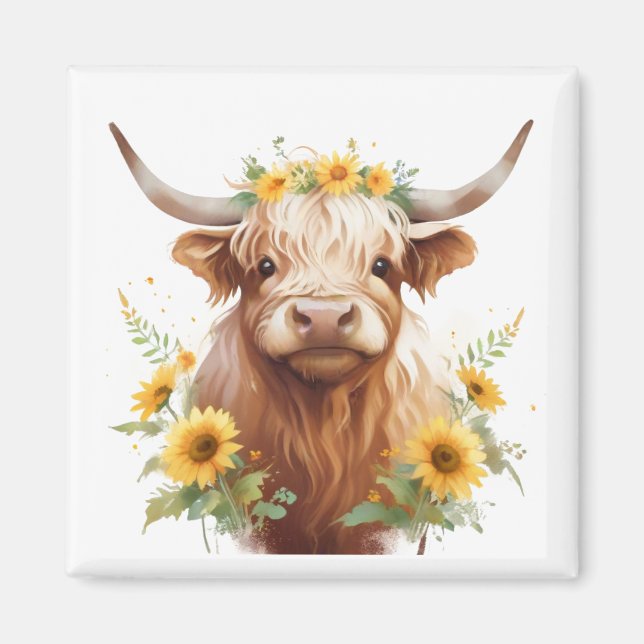 Imán Vaca Highland con la flor amarilla (Frente)