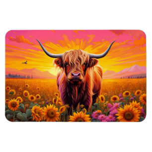 Imán Vaca Highland en girasoles al amanecer