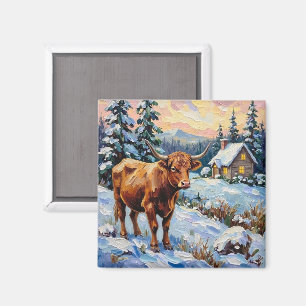 Imán Vaca Highland vintage en prado navideño nevado