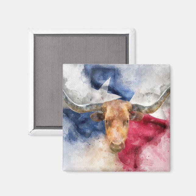 Imán Vaca Longhorn con bandera de Texas (Anverso/Reverso)