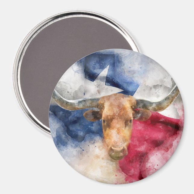 Imán Vaca Longhorn con bandera de Texas (Anverso/Reverso)