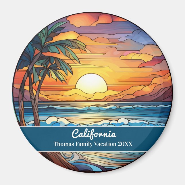 Imán Vacaciones en la playa de la puesta de sol de Cali (Frente)