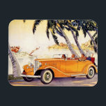 Imán Vacaciones familiares antiguas en un coche convert<br><div class="desc">Viaje de ilustracion vintage e imagen de transporte con una familia viajando en un naranja automóvil convertible de época a lo largo de la costa de Florida. Una mujer esquia en el agua y las palmeras se balancean en la suave brisa.</div>