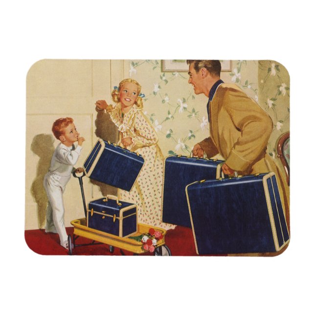 Imán Vacaciones familiares, papá, niños y maletas (Horizontal)