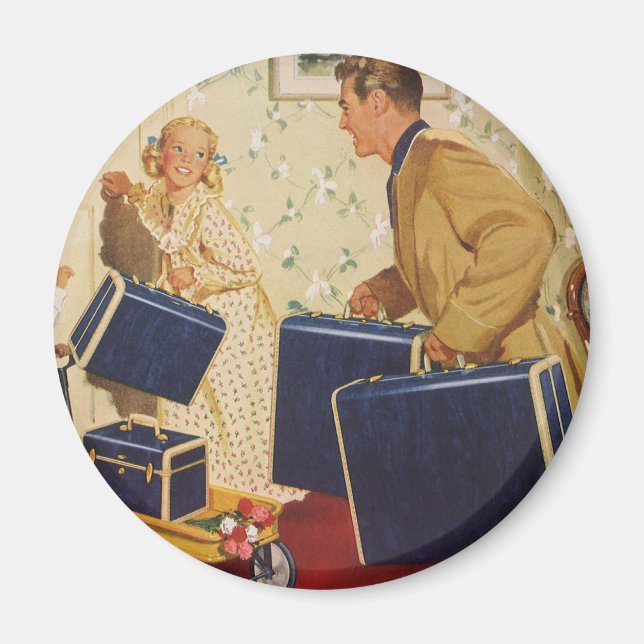 Imán Vacaciones familiares, papá, niños y maletas (Frente)