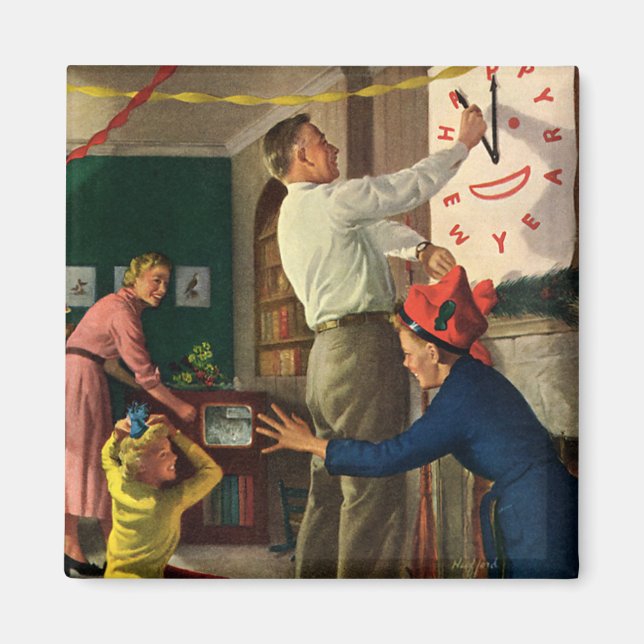 Imán Vacaciones vintage, medianoche en Nochevieja (Frente)