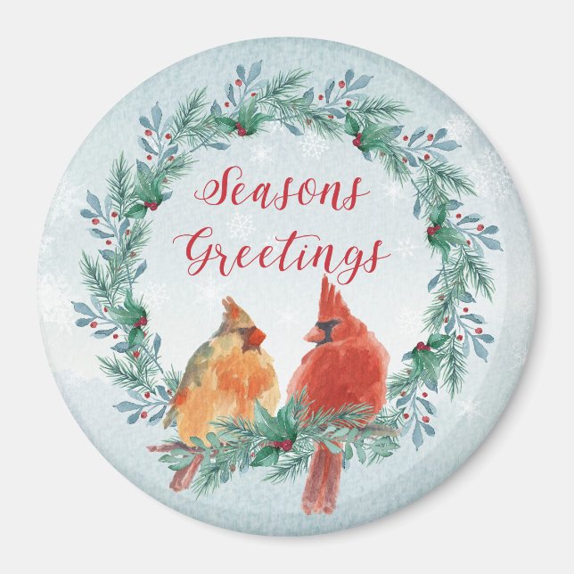 Imán Vacaciones - Wreath con par de cardenales (Frente)