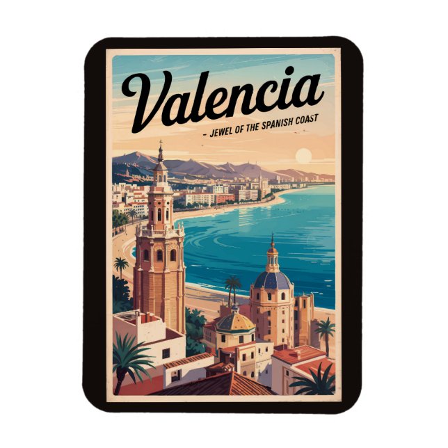 Imán Valencia España Ilustracion Retro de arte de viaje (Vertical)
