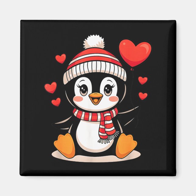 Imán Valentine's Day Penguin Heart Balloon Cute  (Frente)