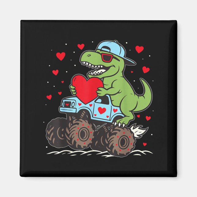 Imán Valentines Day T Rex Riding Monster Truck Funny To (Frente)