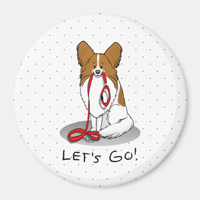Imán ¡Vamos! (paseo) Papillon (blanco y rojo) Perro Cut (Frente)