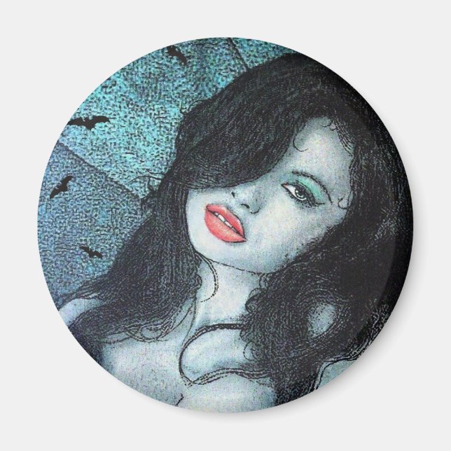 Imán Vampiro gótico mujer pelo negro arte original ELD (Frente)