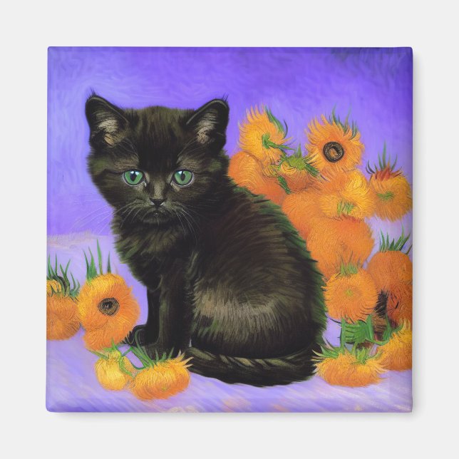 Imán Van Gogh Black Kitten con girasoles (Frente)