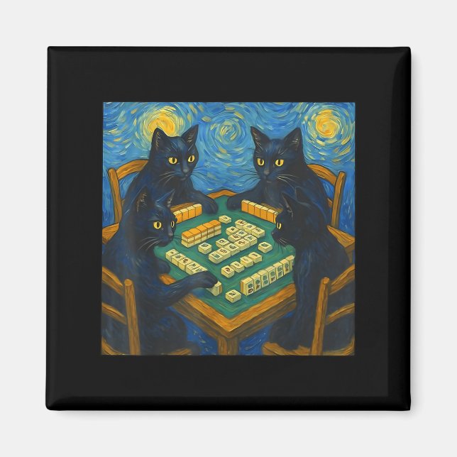 Imán Van gogh starry night cat playing mahjong chinese (Frente)
