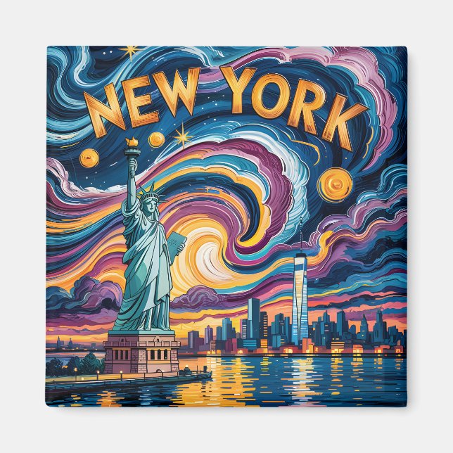 Imán Van Gogh Style New York Skyline & Liberty Travel (Frente)