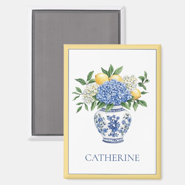 Imán Vase Chinoiserie azul y blanco con hidrangeas (Anverso/Reverso)