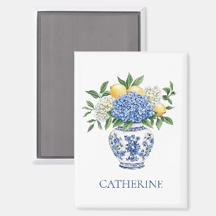 Imán Vase Chinoiserie azul y blanco con hidrangeas