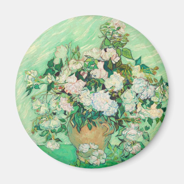 Imán Vaso de Vincent Van Gogh con Rosas Rosadas Arte Fi (Frente)