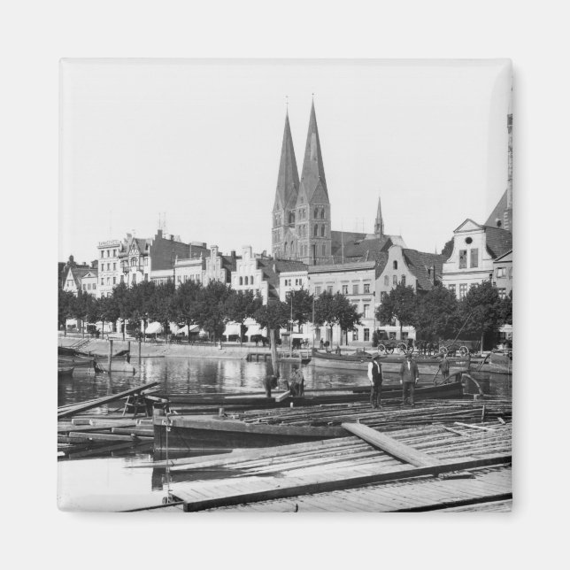 Imán Venta de madera en el río Trave, Lubeck, c.1910 (Frente)