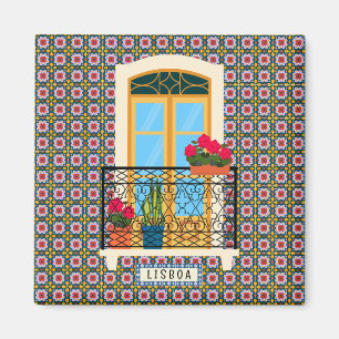 Imán Ventana de la casa de Lisboa con plantas y azulejo