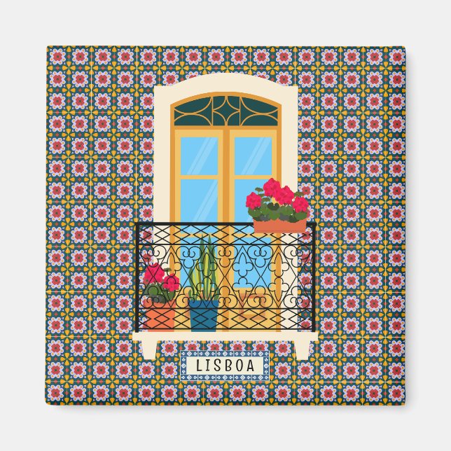 Imán Ventana de la casa de Lisboa con plantas y azulejo (Frente)