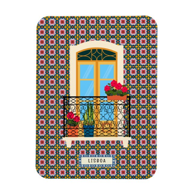 Imán Ventana de la casa de Lisboa con plantas y azulejo (Vertical)