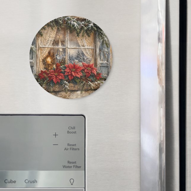 Imán Ventana de Navidad con Poinsettia Nevada (In situ (nevera))