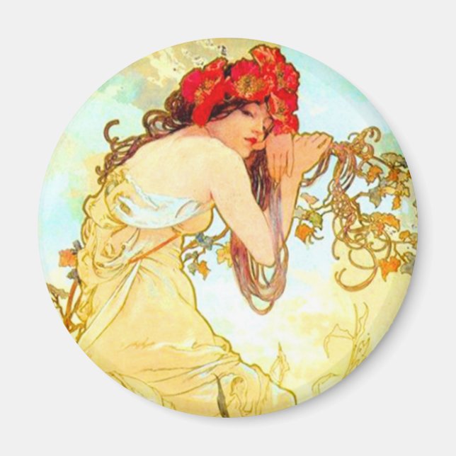 Imán Verano de Art Nouveau de Alphonse Mucha (Frente)