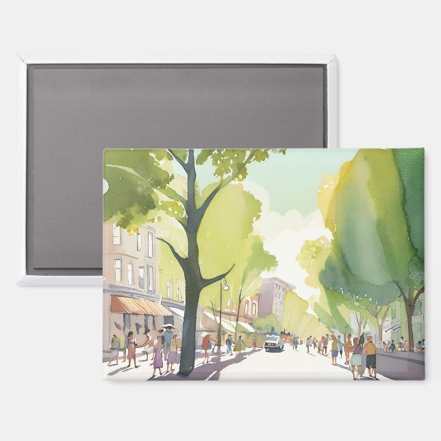 Imán Verano de Beacon Street | Boston, acuarela de MAMÁ (Anverso/Reverso)